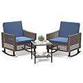 YITAHOME 3 Pieces Patio Furniture Set, Patio Wicker Chairs Outdoor Rocking Chairs Set of 2 with Rattan Side Table, Thickened Cushions, Rocker Patio Chairs Set for Porch, Poolside, and Yard, Blue