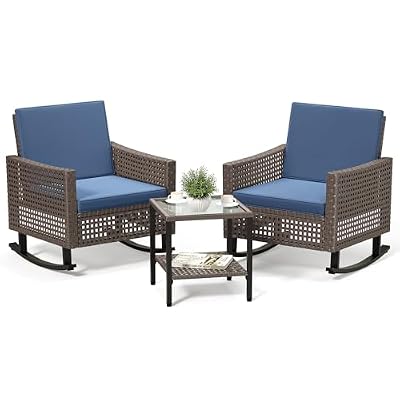 YITAHOME 3 Pieces Patio Furniture Set, Patio Wicker Chairs Outdoor Rocking Chairs Set of 2 with Rattan Side Table, Thickened Cushions, Rocker Patio Chairs Set for Porch, Poolside, and Yard, Blue