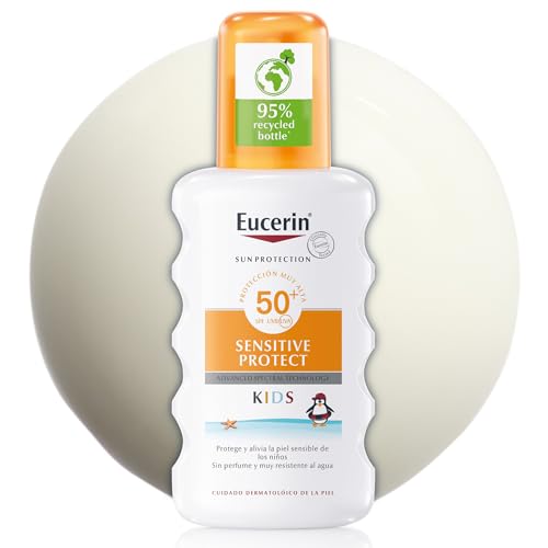 Eucerin Sun Kids Sensitive Protect Spray FPS 50+ (200 ml), crema de sol con filtros UV, protector solar infantil en spray resistente al agua, protección solar para pieles sensibles