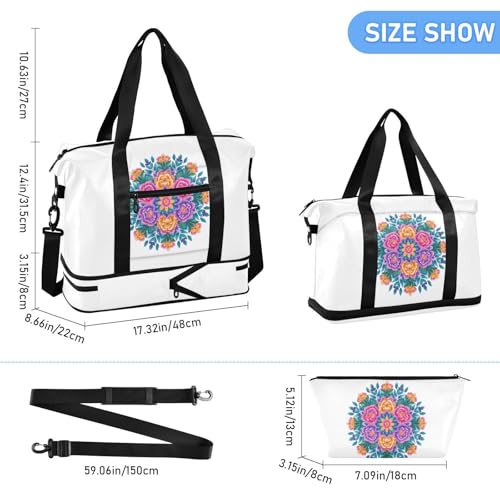 Peony Mandala Teal Travel Duffel Bag for Women Men Gym Bag with Shoe Compartment Wet Pocket Carry On Weekender Overnight Bags for Yoga School Travel Gym3