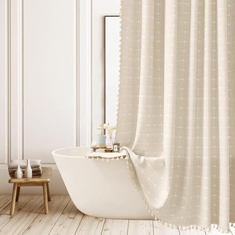 Boho Plaid Shower Curtain with Tassels Cover
