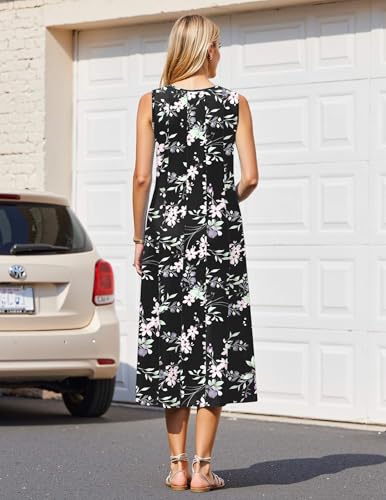 Image of HOTOUCH Summer Casual Dresses for Women Sleeveless Midi Dress Swing Tank Sundress Pleated Tshirt Dress with Pockets