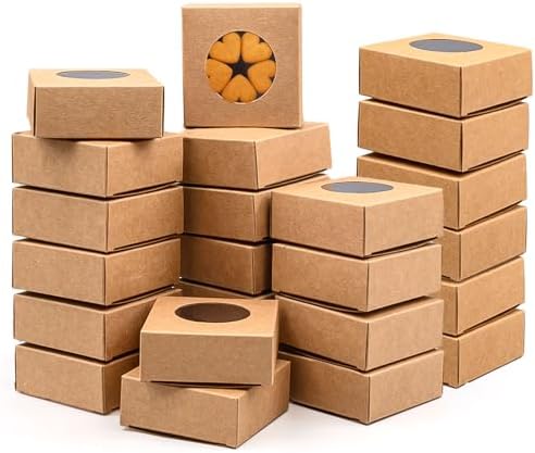 100 Pack Bakery Boxes with Window, 3" x 3" x 1.2" Mini Cookies Box Chocolate Truffle Box, Thick & Sturdy Pastry Boxes for Donut Macaron Candy (Brown)