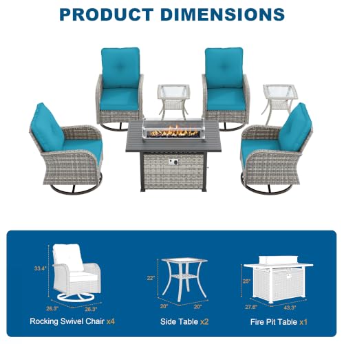 Image of 7-Piece Small Patio Furniture Set, Outdoor Swivel Rocking Chairs Set with 55,000 BTU Fire Pit Table Wicker Chairs and Tempered Glass Side Table, Patio Bistro Set for Balcony, Deck, Porch