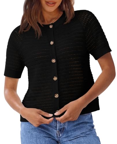 Saodimallsu Womens Crochet Cardigans Short Sleeve Button Down Knit 2026 Summer Casual Crew Neck Sweater Tops Black