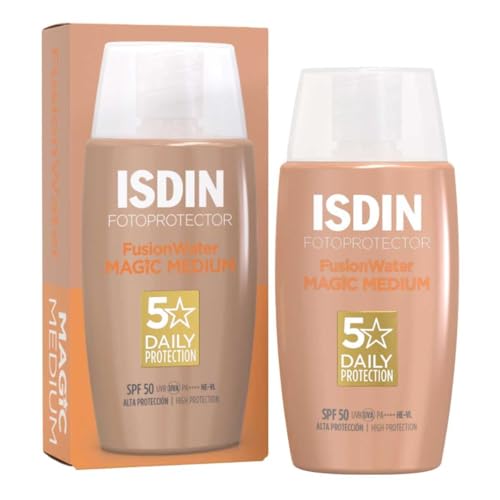 Image of ISDIN Fotoprotector Fusion Water Magic Color SPF 50 PA++++ - Ultralight Tinted Facial Sunscreen - Water-Based, Fast-Absorbing, Oil-Control Formula with Hyaluronic Acid & Vitamin E - 50ml