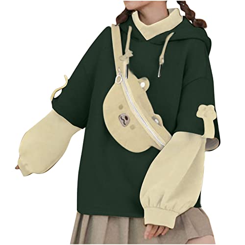 Teen Girls Brown Bear Hoodie Cute Sweatshirts Long Sleeve Pullover Patchwork Shirts With Kawaii Detachable Bear Bag