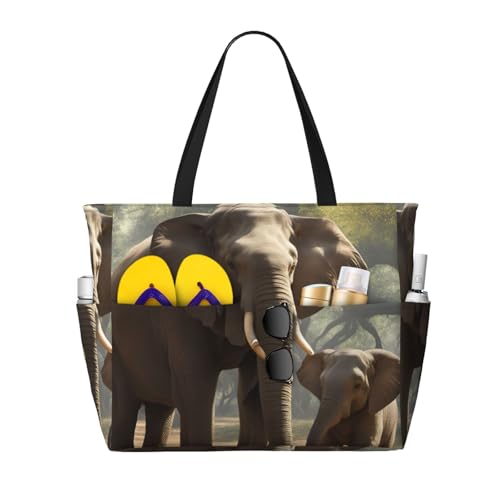 Elephant Print Beach Tote Bag Waterproof Large Bags With Zipper Big Capacity For Vacation Travel