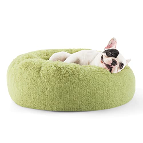 Image of Bedsure Calming Small Dog Bed Donut Washable Cat&Puppy Bed,23 inches Green | Fluffy Faux Fur Round Cuddler,Machine Washable,Anti-Slip Bottom,Anti-Anxiety,Deep Sleeping for Large Cat & Pets Up to 25 Lbs