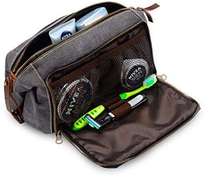 HabitouxMens Canvas Toiletry Bags for Women Travel Toiletry Bag Dopp Kit with Genuine Leather Trim and YKK Zipper