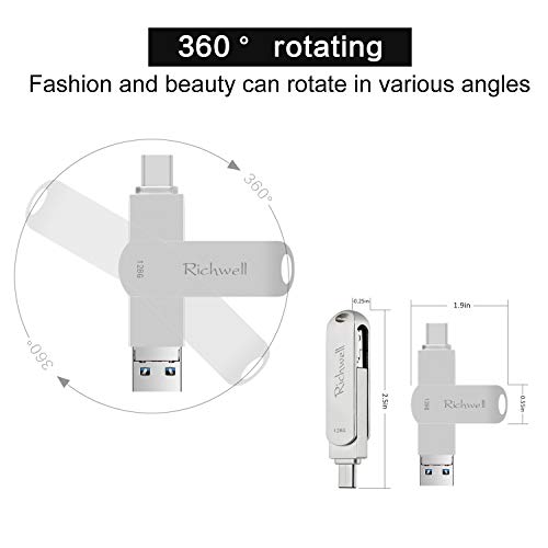 USB Flash Drives 128gb Memory Stick for iPhone Photo Stick USB C Thumb Drive 3in1 External Storage USB C Drive Richwell for Apple iPhone iPad iOS Mac Android USB Type C and Computers (Silver-DXZ128G)