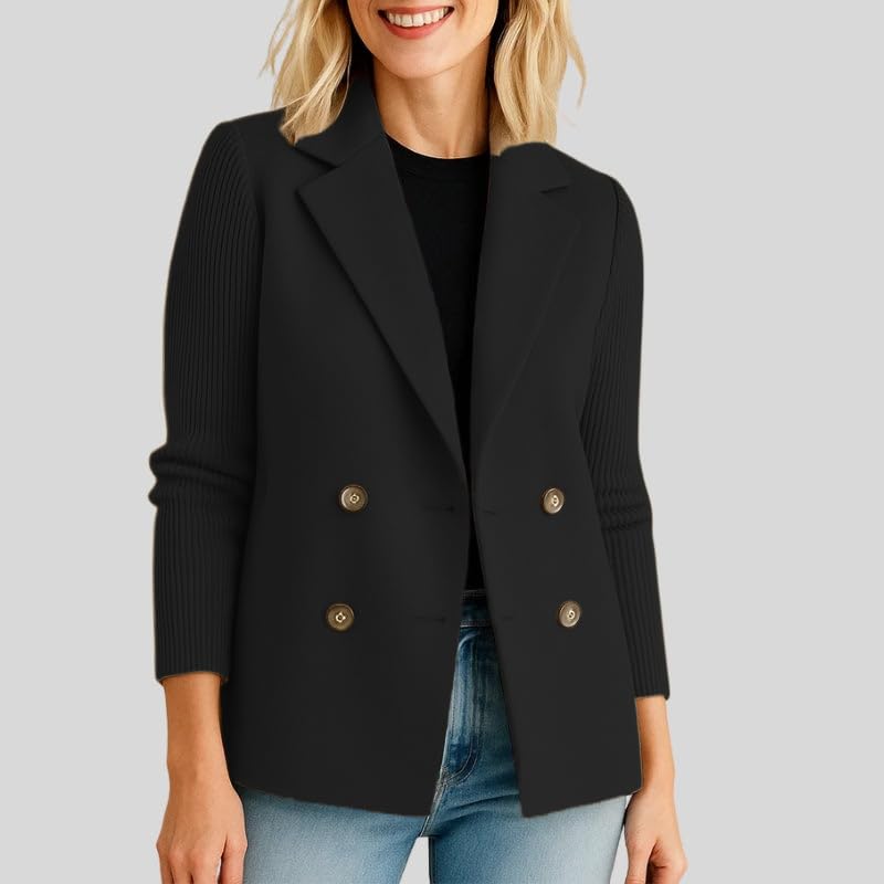 Women's Double Breasted Notch Collar Blazer Business Casual Knit Long Sleeve Outerwear Coat with Pockets3