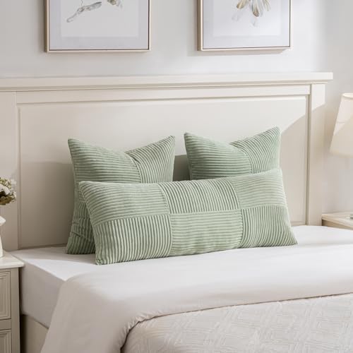 Image of Fancy Homi Set of 2 Sage Green Boho Long Lumbar Body Decorative Throw Pillow Cover 14x36 Inch for Bed Couch Bedroom Bench, Soft Patchwork Corduroy Textured Pillow Case, Rustic Farmhouse Room Decor