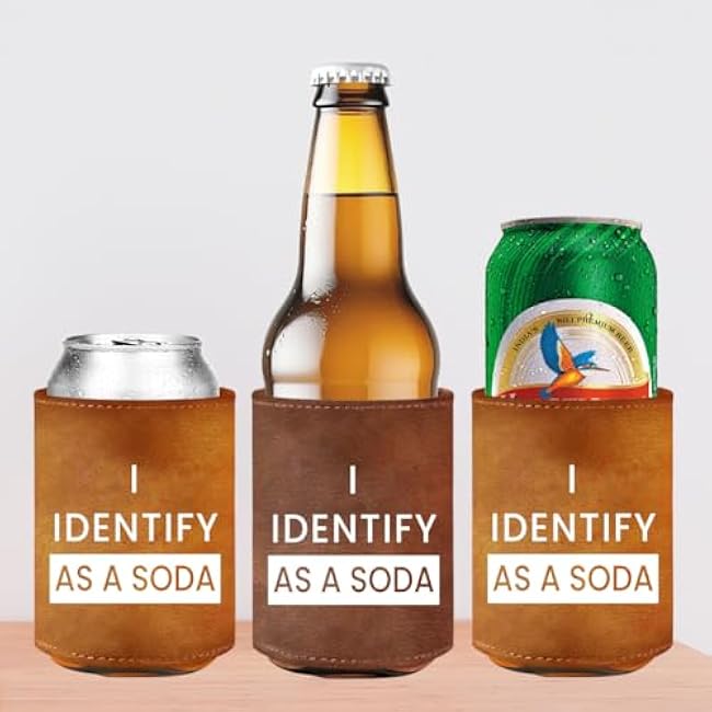 2pcs I Identify As A Soda Funny Beverage Beer Can Coole leather Beer Can Holder Fathers Day Birthday Gifts for Beer Lover Dad Father Him Men Party Supplies Decorations