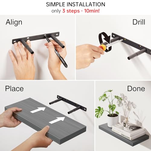 Image of BAYKA Grey Floating Shelves for Wall, Wall Mounted Rustic Wood Shelves for Bathroom, Bedroom, Living Room, Kitchen,Small Hanging Shelf for Books /Storage /Room Decor (Set of 3, 15.7in)