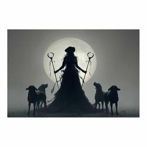 Toile murale vintage la sorcière et le chien gris déco magique pour chambre