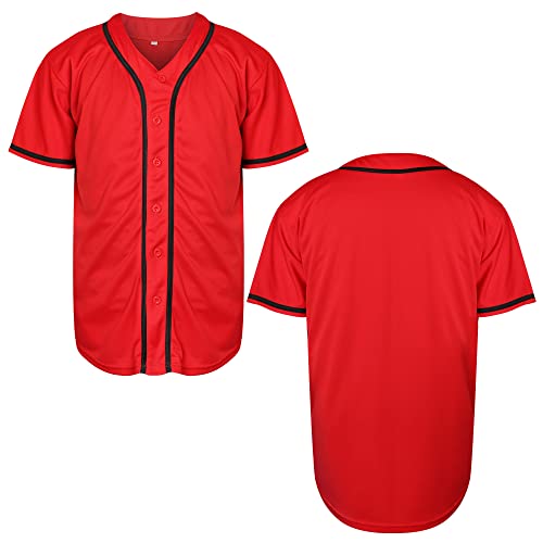 Mens Blank Plain Baseball Jersey Button Down Shirts Sports Hip Hop Hipster Jersey S-3XL(Red,Small)