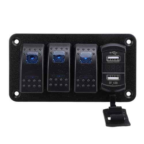 Fawfose 3 Gang Rocker Switch Panel, Aluminum Panel with 4.8A Dual USB Charger Voltmeter, Pre Wired for Marine Boat Car Truck RV Motorcycle (Blue Light)