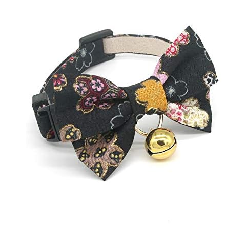 PetSoKoo Double Bowtie Breakaway Cat Collar with Bell. Japan Colorful Sakura Kimono Style. 101% Cotton. Soft, Cute for Girl Male Adult Cats Collar,Black Cover