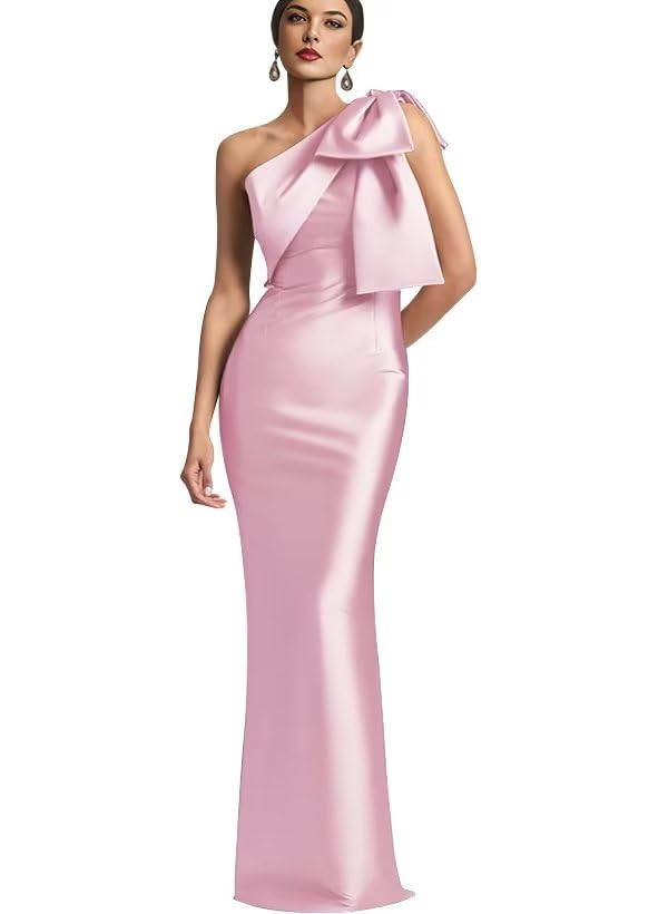 Image of One Shoulder Bridesmaid Dresses with Bow Long Mermaid Satin Back Slit Mother of The Bride Dresses PM004