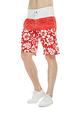 Men's Spandex Hawaiian Beach Board Shorts with Zipped Pocket in Classic Hibiscus Print2