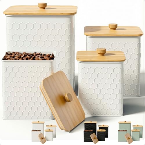 Kitchen Canisters for Countertop Set of 4 - Textured Iron Kitchen Canisters with Airtight Lids - Flour Sugar Canister Set - Flour and Sugar Containers Farmhouse - Coffee Jar for Counter - White Jar x4 by HB Design Co. - Used condition - US$34.01