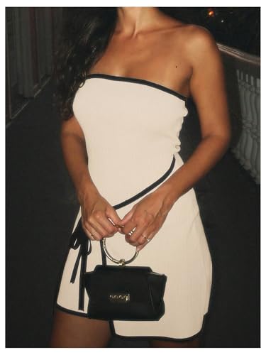 GORGLITTER Women's Strapless Bow Tie Front Bodycon Mini Dress Asymmetrical Summer Knit Sun Dresses Elegant Classy 20252