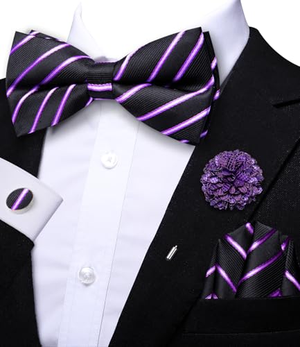 Image of Hi-Tie Bow Ties for Men Pre-Tied Pocket Square with Cufflinks Mens Bowtie Sets for Wedding Formal Party
