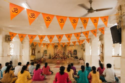 Image of BookMyCostume Religious & Spiritual Decoration Collection - Saffron Flags, Bunting Ladi, & Ethnic Stoles - Devotional Accessories for Temple, Festivals, Puja, Rallies & Daily Rituals