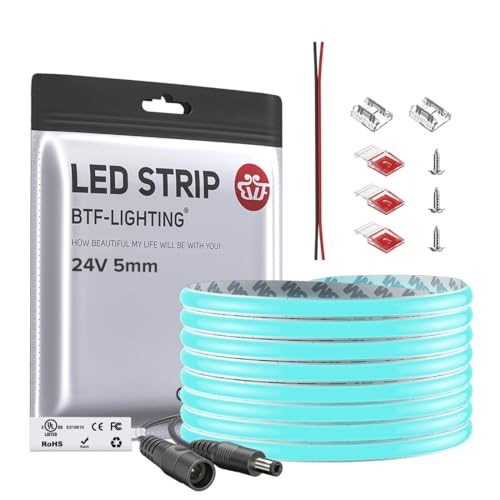 Image of BTF-LIGHTING FCOB COB LED Strip Ice Blue 5mm Width UL Listed Super Narrow Flexible Uniform Light DC24V 16.4FT CRI 90+ Dimmable LED Ribbon for Bedroom Home Indoor Decor(No Adapter or Controller)