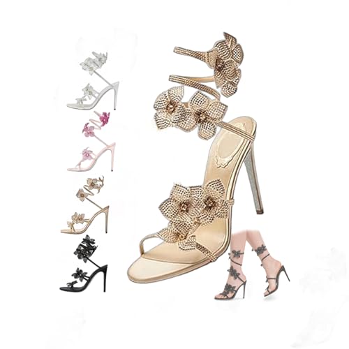 Women’s Floral Rhinestone Spiral Strap High Heels – Sexy Open Toe Lace-Up Heels, Pink Flower Wrap Around Sandals, Sparkly Bling Wedding Party Gladiator Stiletto Heels