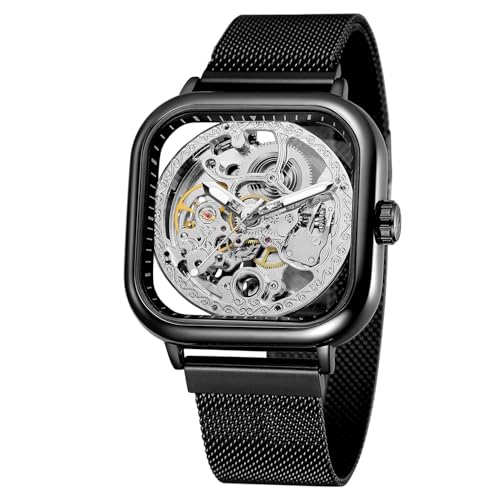 Image of Luxury Automatic Mechanical Watch, Square Skeleton Dial, Stainless Steel Mesh Band, Self-Winding Movement, Classic