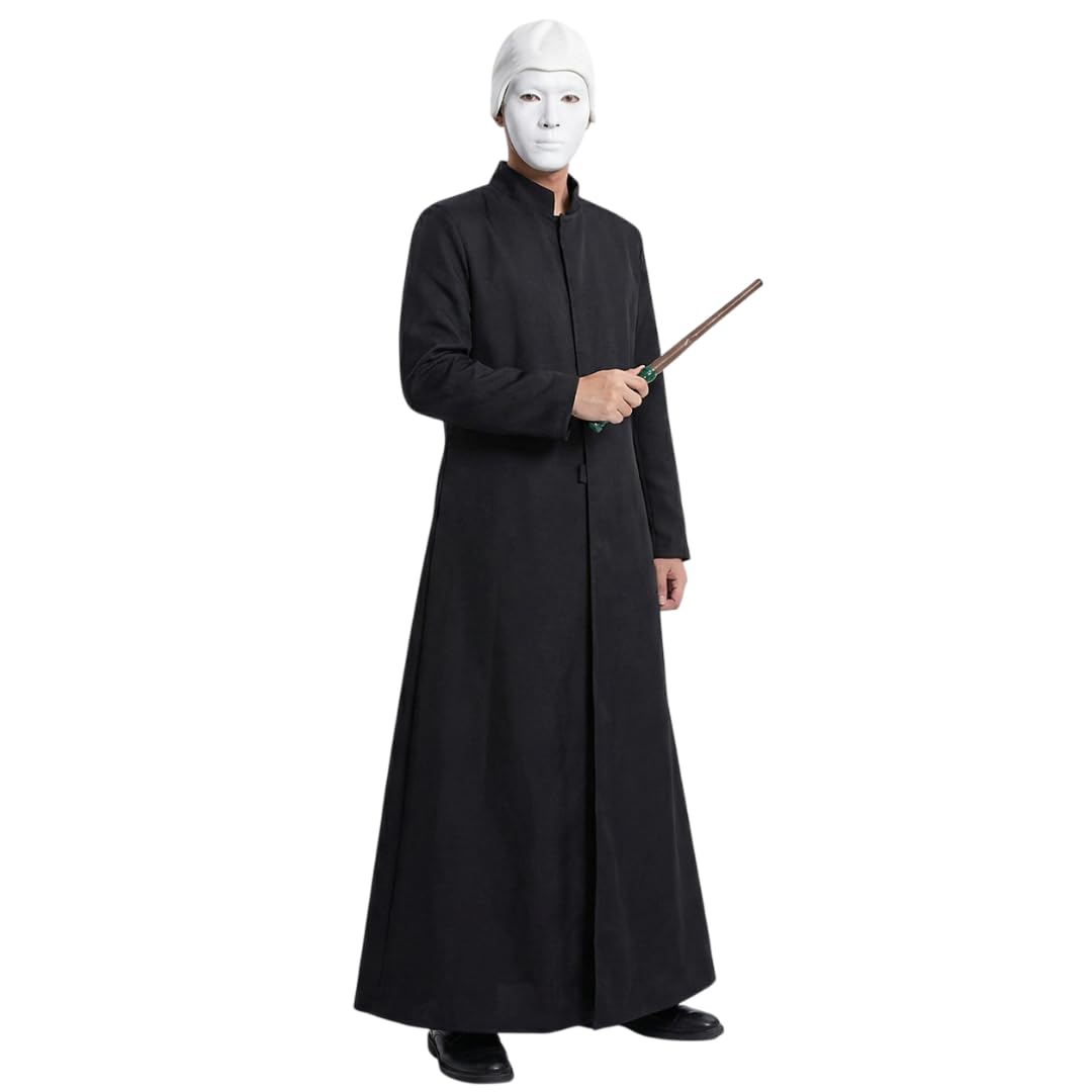 LOVETRENDS White Wizard Villain Costume for Adults – Long Black Duster Jacket, Magic Wand, White Face Paint & Bald Cap – Evil Sorcerer Fancy Dress Outfit for Halloween, Parties & Cosplay