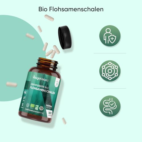 Bio Flohsamenschalen Kapseln 1400 mg pro Portion - 3 Monate Vorrat - 180 vegane Kapseln - Psyllium Husk - Glutenfrei & Ohne Gentechnik - Zertifiziertes Bio Flohsamenschalenpulver - WeightWorld