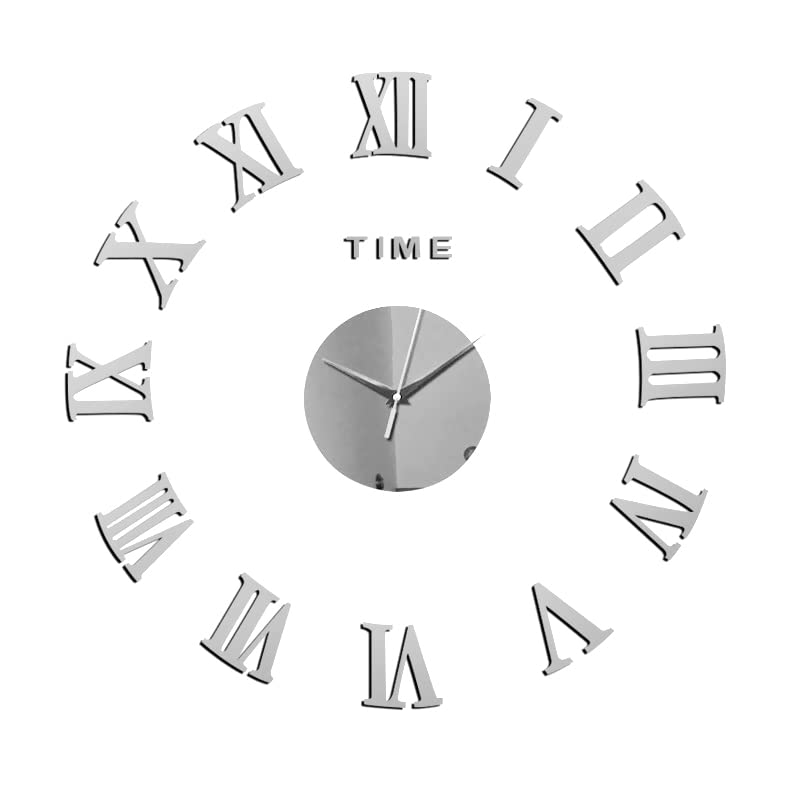 ZoTuoART Roman Numeral Acrylic DIY Mirror Wall Clocks - Safety Unbreakable Mirror Tiles Wall Decor - Self Adhesive Mirror Surface Sticker for Wall Art Silver