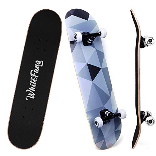 WhiteFang Skateboards for Beginners, Complete Skateboard 31 x 7.88, 7 Layer Canadian Maple Double Kick Concave Standard and Tricks Skateboards for Kids and Beginners