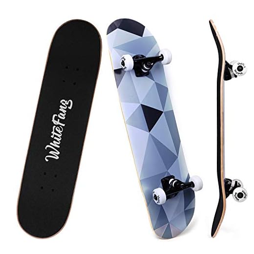 WhiteFang Skateboards for Beginners, Complete Skateboard 31 x 7.88, 7 Layer Canadian Maple Double Kick Concave Standard and Tricks Skateboards for Kids and Beginners (Diamond)