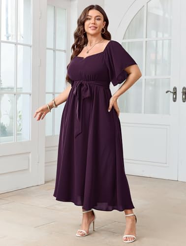 Image of SCOMCHIC Womens Plus Size Formal Dresses Off The Shoulder Wedding Guest Cocktail A-Line Split Maxi Dress with Pockets
