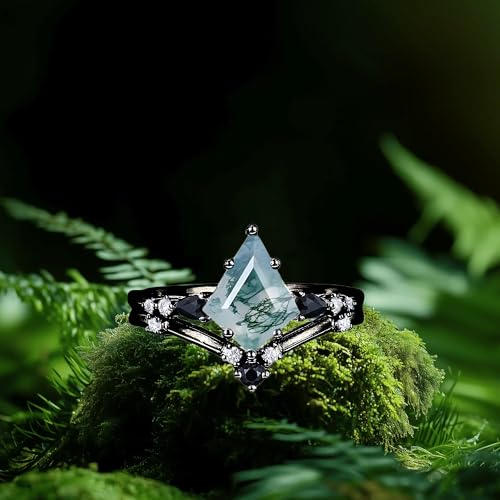 Black Natural Moss Agate Engagement Ring Set for Women Customizable Bridal Wedding Ring Promise Ring for Women 925 Sterling Silver Moss Agate Jewelry Gift for Wife(Pear/Kite Cut)2