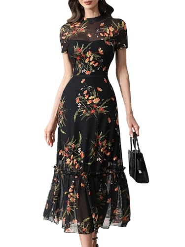 Image of GothDark Women's Summer Maxi Dress Floral Mesh A Line Short Sleeve Casual Boho Gothic Party Wedding Guest Long Dress