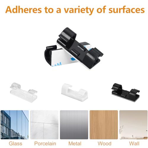 COMRUN 60 Pcs Clear Cable Clips with 3M Adhesive, Wire Holders Under Desk, Cord Management for Wall, Car, Ethernet, PC, Christmas Light Indoor/Outdoor