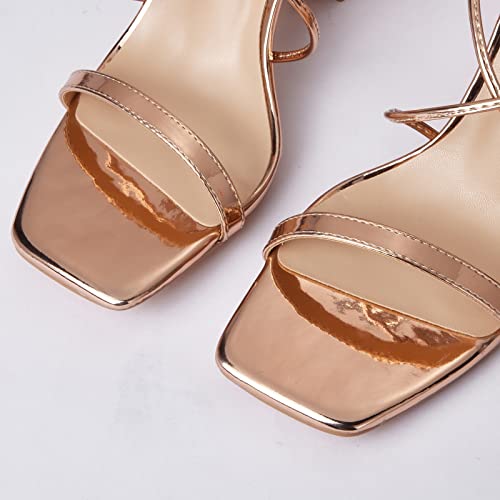 Elisabet Tang Women's Strappy Chunky Heels Sandals, Lace Up 3 Inch Low Block Heels Ankle Wrap Heel Square Open Toe Tie Up Heeled Sandals Shoes Rose Gold Size 7 #TOP2