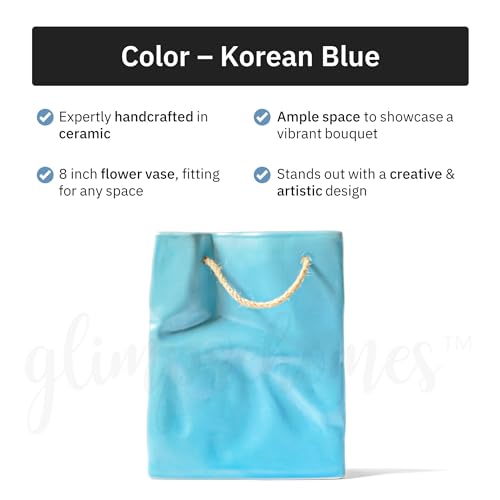 Image of Glimpse Homes Crinkled Paper Bag Vase | Ceramic Flower Vase | Living Room Decor | 8 inch (Korean Blue)