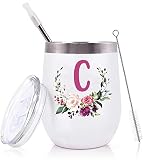PFL Women Birthday Christmas Gift-Wedding Gift for Maid of Honor From Bride-Bridal Shower Present for Bridesmaid Best Friend Sister-Bachelorette Present-12oz Tumbler Wine Coffee Mug-Initial Letter C