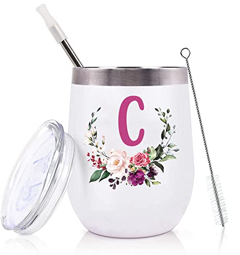 PFL Women Birthday Christmas Gift-Wedding Gift for Maid of Honor From Bride-Bridal Shower Present for Bridesmaid Best Friend Sister-Bachelorette Present-12oz Tumbler Wine Coffee Mug-Initial Letter C