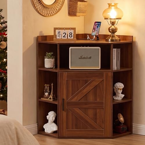 Image of VECELO Corner Storage Cabinet with Charging Station, 34" Shelf with Door & Adjustable Shelves, Organizer for Living Room, Office & Gaming Setup, Fits Monitors up to 43" TV, Brown
