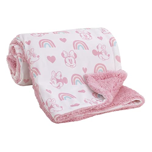 Image of Disney Minnie Mouse White, Pink, and Aqua Rainbow and Hearts Super Soft Velboa with Sherpa Back Baby Blanket