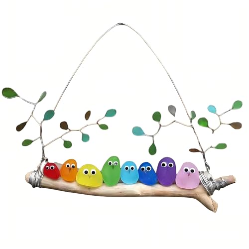 Colorful Sea Glass Bird Hanging Ornament Birds on Branch Window Wall Decor Handmade Nature Artwork for Home Garden Gift for Bird Lovers Mom Women (8 Birds)