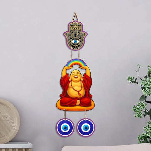 Image of Artvibes Rainbow Laughing Buddha Evil Eye Wall Hanging Decor For Living Room | Bedroom | Office | Joy Happiness and Positive Energy Wall Accent | Nazar Battu Ornament for Home Entrance (WH 85145N)