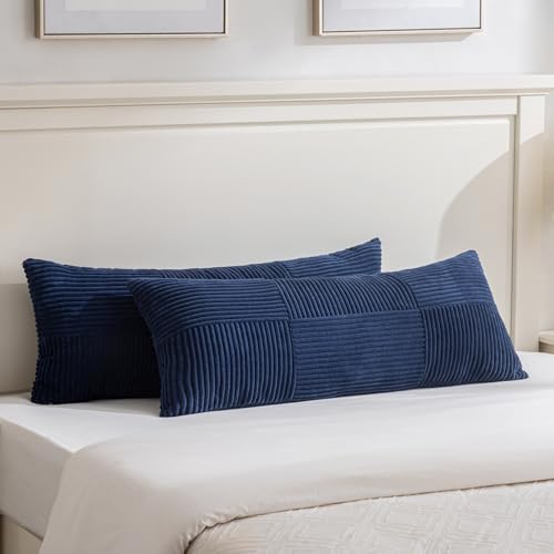 Image of Fancy Homi Set of 2 Navy Blue Boho Long Lumbar Body Decorative Throw Pillow Cover 14x36 Inch for Bed Couch Bedroom Bench, Soft Patchwork Corduroy Textured Pillow Case, Rustic Farmhouse Room Decor